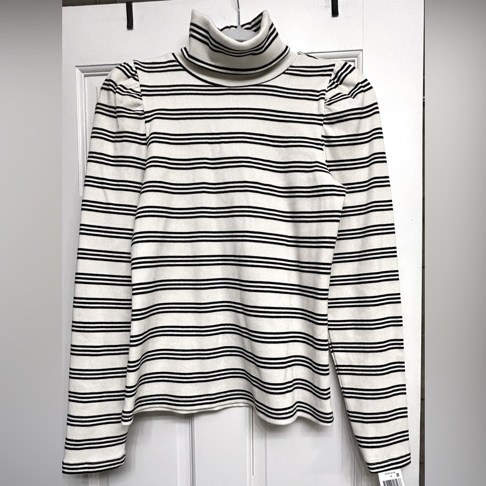 NEW Turtleneck Offwhite With Black Stripes & Ruffle Shoulders Medium